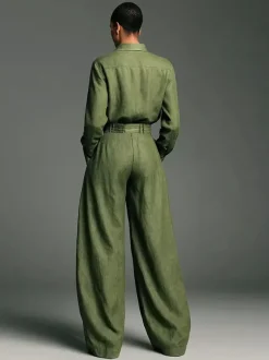 Ensemble 2 pièces vert olive pour femme - Chemise boutonnée et pantalon rétro taille haute à jambes larges - Tenue décontractée printemps 2026