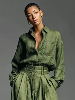 Ensemble 2 pièces vert olive pour femme - Chemise boutonnée et pantalon rétro taille haute à jambes larges - Tenue décontractée printemps 2026