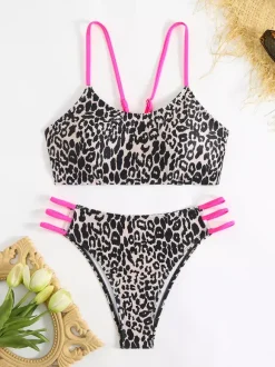 Ensemble bikini imprimé léopard pour femme - Maillot de bain 2 pièces à fines bretelles fluo décolleté rond et bas échancré sur les côtés - Collection été 2026