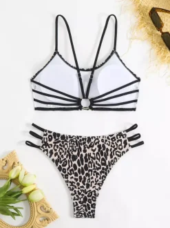 Ensemble bikini imprimé léopard pour femme - Maillot de bain 2 pièces à fines bretelles fluo décolleté rond et bas échancré sur les côtés - Collection été 2026