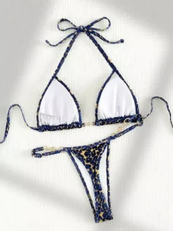 Ensemble bikini léopard pour femme - Haut string à col halter et perles - Idéal pour une pool party estivale sur un yacht (2026)