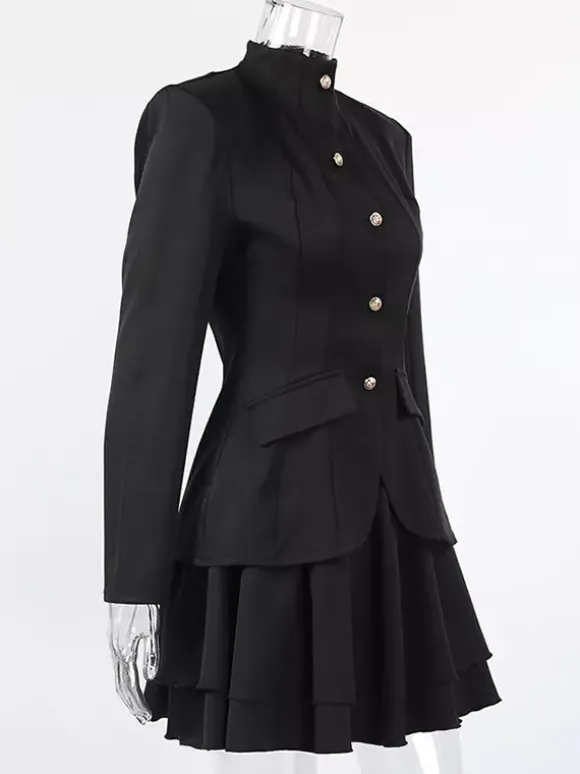 Ensemble blazer et jupe d'inspiration militaire pour femme tenue chic deux pièces - Noir vintage col montant coupe ajustée - Tenue de soirée printemps 2026