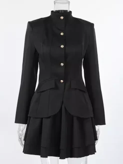 Ensemble blazer et jupe d'inspiration militaire pour femme tenue chic deux pièces - Noir vintage col montant coupe ajustée - Tenue de soirée printemps 2026