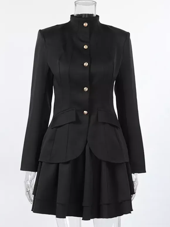 Ensemble blazer et jupe d'inspiration militaire pour femme tenue chic deux pièces - Noir vintage col montant coupe ajustée - Tenue de soirée printemps 2026