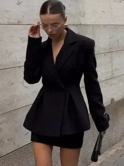 Ensemble blazer sablier pour femme - Tailleur péplum noir style vintage avec mini-jupe - Tenue de travail printemps 2026