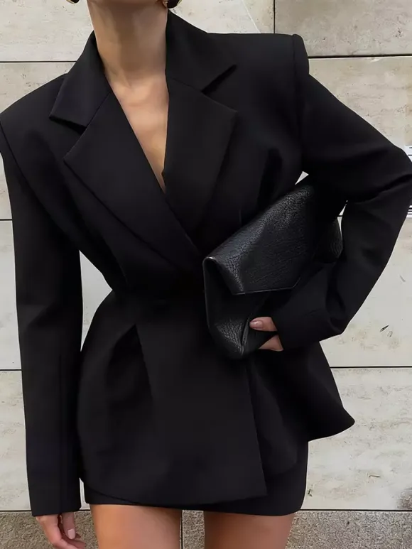 Ensemble blazer sablier pour femme - Tailleur péplum noir style vintage avec mini-jupe - Tenue de travail printemps 2026