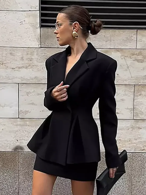 Ensemble blazer sablier pour femme - Tailleur péplum noir style vintage avec mini-jupe - Tenue de travail printemps 2026