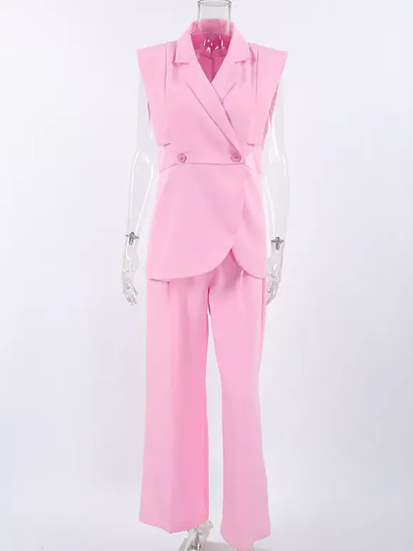 Ensemble blazer sans manches pour femme style business casual - Rose chic croisé coupe cintrée - Tenue de travail été 2026