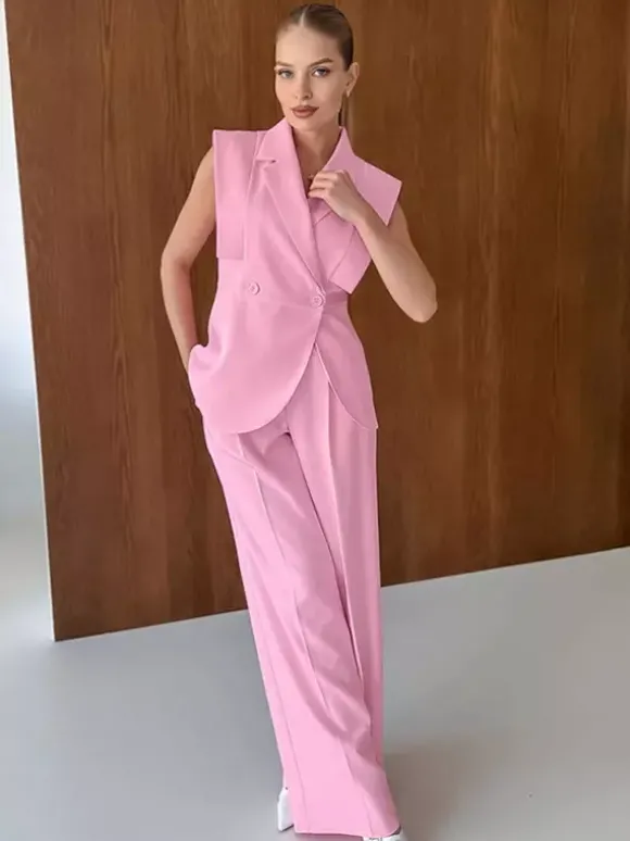 Ensemble blazer sans manches pour femme style business casual - Rose chic croisé coupe cintrée - Tenue de travail été 2026