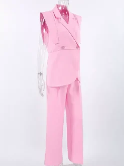 Ensemble blazer sans manches pour femme style business casual - Rose chic croisé coupe cintrée - Tenue de travail été 2026