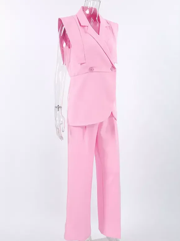 Ensemble blazer sans manches pour femme style business casual - Rose chic croisé coupe cintrée - Tenue de travail été 2026