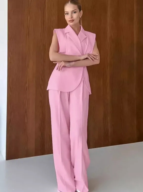 Ensemble blazer sans manches pour femme style business casual - Rose chic croisé coupe cintrée - Tenue de travail été 2026