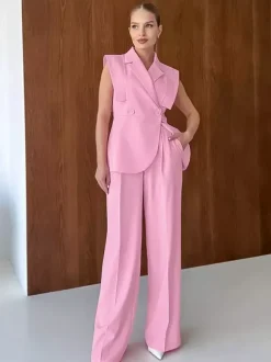 Ensemble blazer sans manches pour femme style business casual - Rose chic croisé coupe cintrée - Tenue de travail été 2026