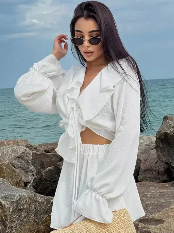 Ensemble bohème à volants 2 pièces pour femme - Haut court à manches longues et n艙ud sur le devant et short - Tenue de vacances d'été à la plage 2026