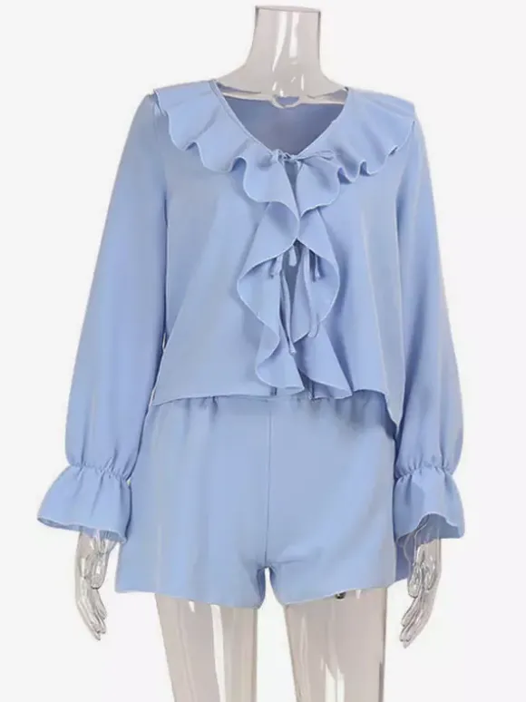 Ensemble bohème à volants 2 pièces pour femme - Haut court à manches longues et n艙ud sur le devant et short - Tenue de vacances d'été à la plage 2026