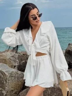 Ensemble bohème à volants 2 pièces pour femme - Haut court à manches longues et n艙ud sur le devant et short - Tenue de vacances d'été à la plage 2026