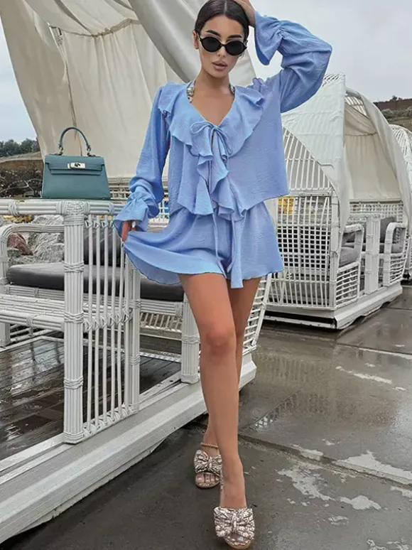 Ensemble bohème à volants 2 pièces pour femme - Haut court à manches longues et n艙ud sur le devant et short - Tenue de vacances d'été à la plage 2026