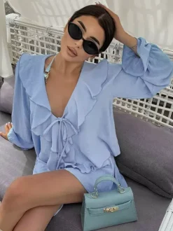 Ensemble bohème à volants 2 pièces pour femme - Haut court à manches longues et n艙ud sur le devant et short - Tenue de vacances d'été à la plage 2026