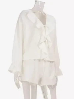 Ensemble bohème à volants 2 pièces pour femme - Haut court à manches longues et n艙ud sur le devant et short - Tenue de vacances d'été à la plage 2026
