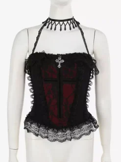 Ensemble caraco gothique Lolita en dentelle et jupe courte en maille costume de cosplay d'Halloween Dark Series