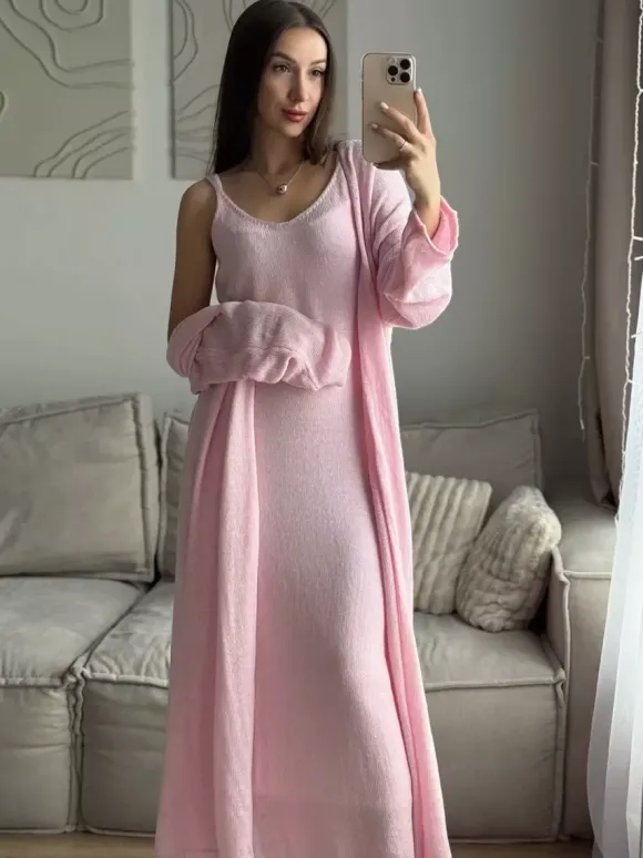 Ensemble coordonné 3 pièces en maille : robe maxi cardigan long et robe nuisette pour femme (collection 2026)