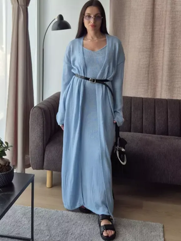 Ensemble coordonné 3 pièces en maille : robe maxi cardigan long et robe nuisette pour femme (collection 2026)