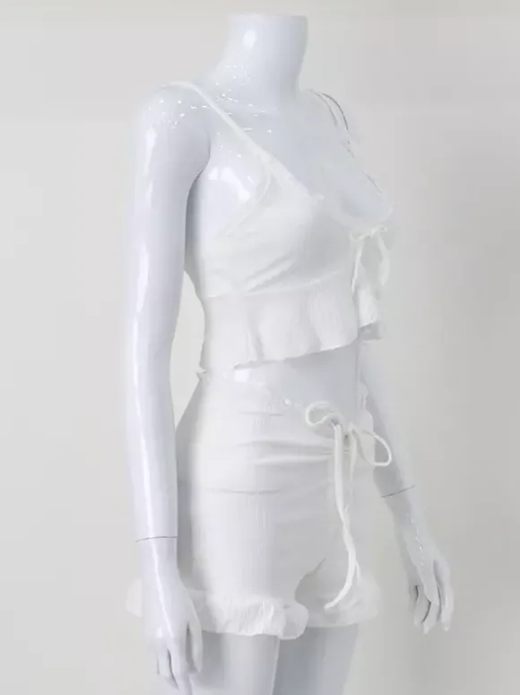 Ensemble Coquette 2 pièces à bordure en dentelle blanche pour femme - Débardeur short - Tenue décontractée d'été pour la plage 2026