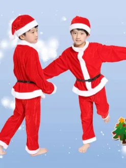 Ensemble De Costumes De Père Noël Cosplay Unisexe En Fibre De Polyester Rouge Bloc De Couleur Costumes Cadeaux Noël
