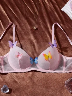 Ensemble de lingerie 3 pièces rose papillon multicolore soutien-gorge culotte