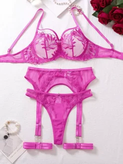 Ensemble de lingerie 3 pièces en dentelle florale rose vif avec porte-jarretelles