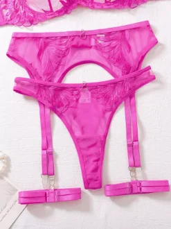 Ensemble de lingerie 3 pièces en dentelle florale rose vif avec porte-jarretelles