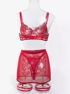 Ensemble de lingerie 3 pièces bordeaux en dentelle florale soutien-gorge culotte et jupe bleu marine foncé idéal pour la Saint-Valentin