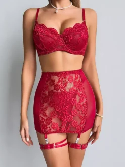 Ensemble de lingerie 3 pièces bordeaux en dentelle florale soutien-gorge culotte et jupe bleu marine foncé idéal pour la Saint-Valentin