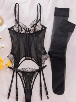 Ensemble de lingerie 3 pièces en dentelle florale transparente avec jarretière et corset