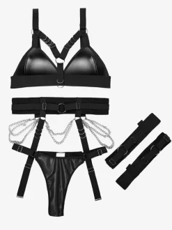 Ensemble de lingerie 3 pièces soutien-gorge et culotte noirs avec détails en métal noir
