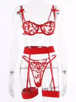 Ensemble de lingerie 3 pièces avec soutien-gorge et culotte rouges à lacets transparents