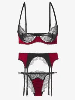 Ensemble de lingerie bicolore chic bordeaux soutien-gorge culotte porte-jarretelles