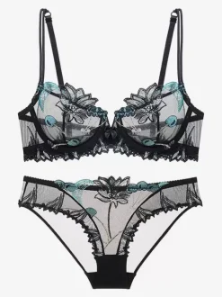 Ensemble De Lingerie Chic À Fleurs Transparentes Culotte En Dentelle 2 Pièces