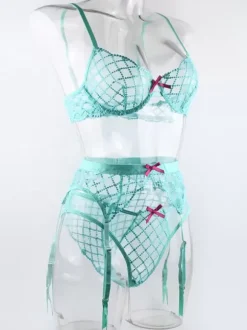 Ensemble De Lingerie Chic Résille Bleu Cyan 3 Pièces Culotte Porte-Jarretelles