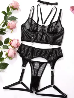 Ensemble De Lingerie Chic 3 Pièces Soutien-Gorge Culotte Noirs porte-jarretelles