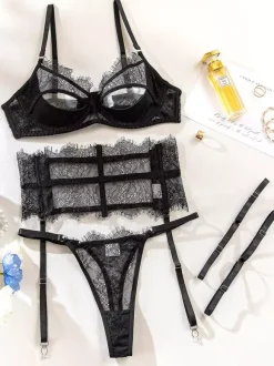 Ensemble de lingerie dos nu 4 pièces avec soutien-gorge culotte et corset noirs sexy pour adultes