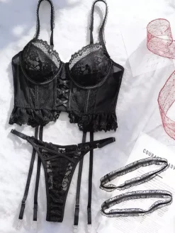 Ensemble de lingerie en dentelle noire 2 pièces : soutien-gorge bustier en dentelle transparente noire culotte et porte-jarretelles