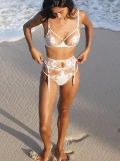 Ensemble De Lingerie En Dentelle Soutien-Gorge Culotte Blanc Femme 3 Pièces