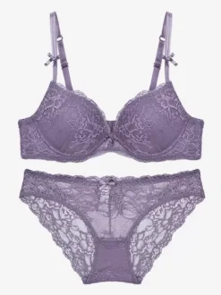 Ensemble De Lingerie Mariée 2 Pièces En Dentelle Violette Soutien-Gorge Culotte