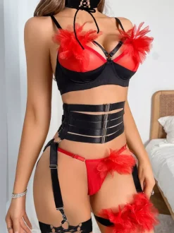 Ensemble de lingerie sexy 5 pièces soutien-gorge et culotte pour adulte noir