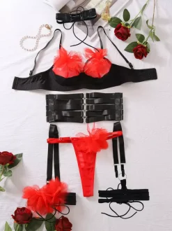 Ensemble de lingerie sexy 5 pièces soutien-gorge et culotte pour adulte noir