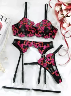Ensemble de lingerie sexy 4 pièces en dentelle à imprimé floral pour adulte soutien-gorge et culotte noirs