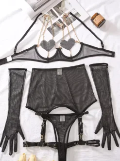 Ensemble de lingerie sexy rouge 5 pièces soutien-gorge et culotte pour adulte