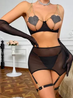 Ensemble De Lingerie Sexy 6 Pièces Avec Soutien-Gorge Pailleté Culotte Noirs