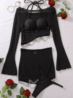 Ensemble de lingerie sexy noire 4 pièces soutien-gorge et culotte pour adulte